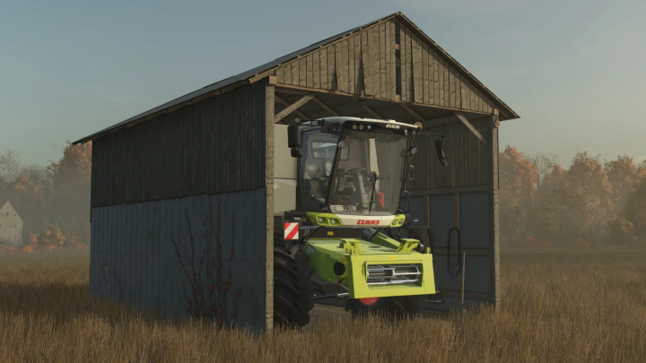 fs25-mods,  FS25 mod Harvester Shed v1.0.0.0 with a small harvester parked inside on a farm.