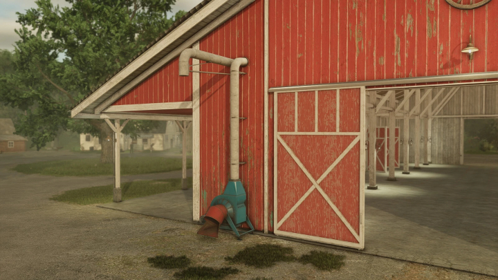 fs25-mods,  FS25 mod Hay Loft v1.0.0.0 featuring a red barn with large doors and a hay blower against its side.