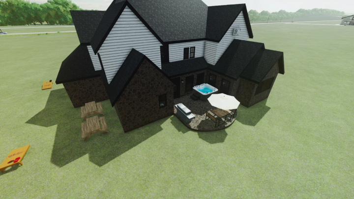 fs25-mods, FS25 mod House 4Bed3Bath Style2 with patio, table and jacuzzi on grass field.