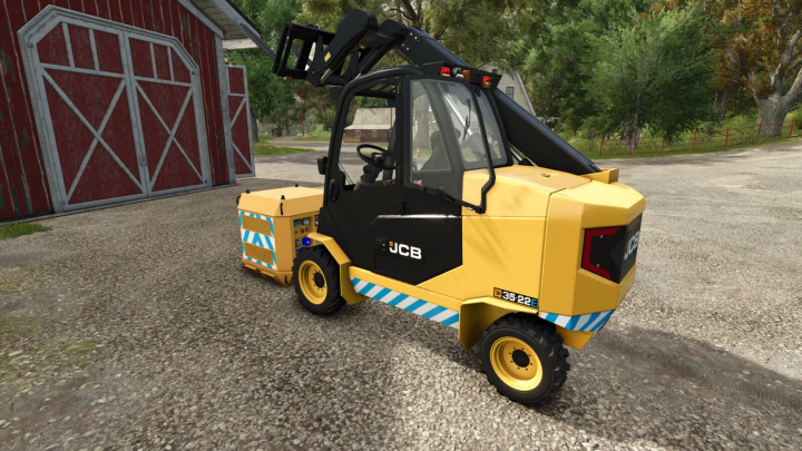 fs25-mods,  JCB E-tech Powerpack in FS25 mod, yellow vehicle by a barn.