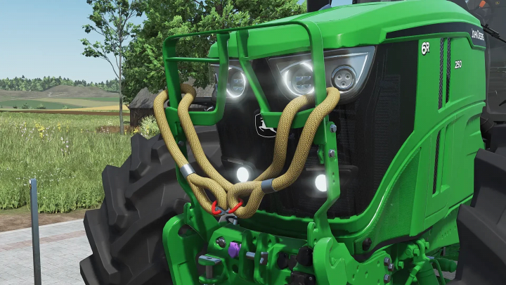 fs25-mods, Close-up of John Deere 6R XLarge tractor mod in Farming Simulator 25, showcasing front lights and grille.