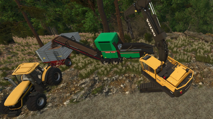 fs25-mods,  FS25 mods: Jenz BA 725 in forest setting with yellow equipment and trailer.