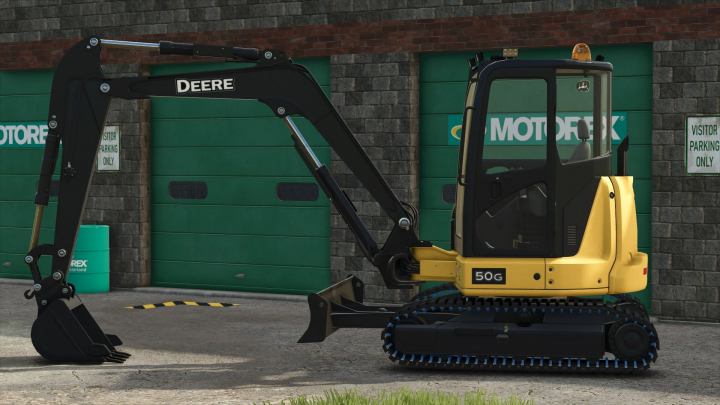 fs25-mods, John Deere 50G excavator mod for FS25, parked by a green building.