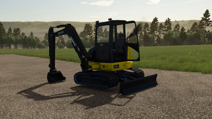 fs25-mods, John Deere 50G excavator mod for FS25 on a gravel path with forest in background.