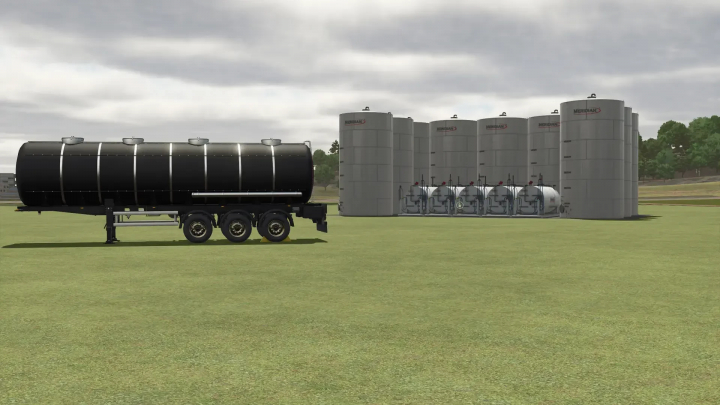 fs25-mods,  FS25 Liquid Storage And Transport Pack with black tanker and storage tanks in a field