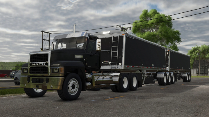 fs25-mods,  Mack Pinnacle 6x4 truck mod in FS25, showcasing a black semi-truck with dual trailers on a rural road.