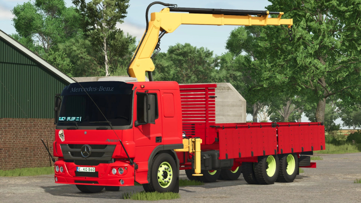 fs25-mods,  Mercedes Benz Atego Munck v1.0.0.0 FS25 mod featuring a red truck with crane in a rural setting.