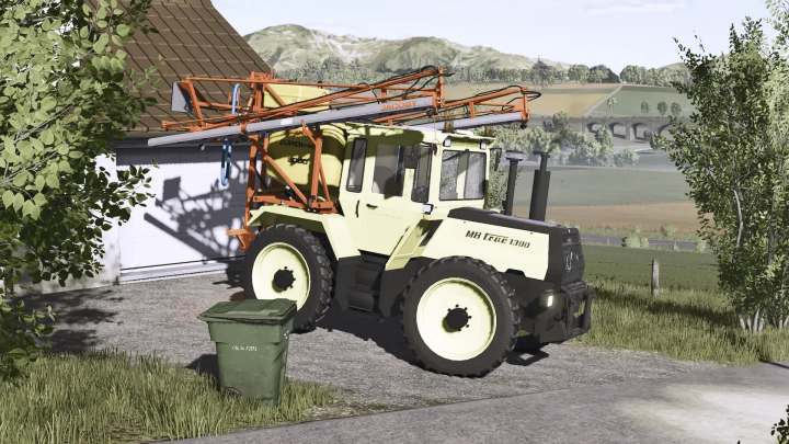 fs25-mods, Mercedes Benz MB Trac 1300 mod in FS25 parked near a house with farming equipment attached.