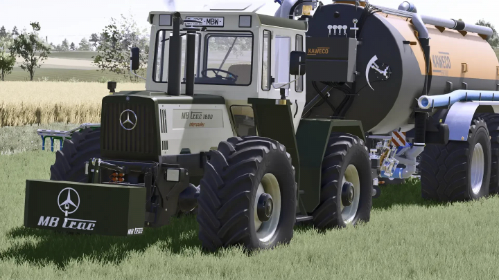 fs25-mods, A Mercedes Benz Trac with front weights in FS25 mod, parked on grassy field.