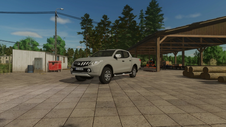 fs25-mods, Mitsubishi L200 Series 5 v1.0.0.0 mod in FS25, shown at a farm location with wooden structures and trees.
