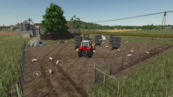 fs25-mods,  FS25 Modular Pig Pen mod showing a fenced area with pigs, feeders, and a tractor in Farming Simulator 25.