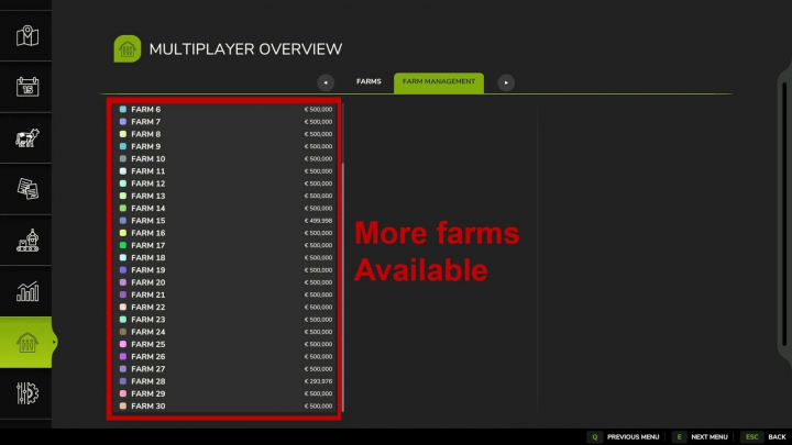 fs25-mods,  Multiplayer overview in Farming Simulator 25 More Farms mod, showing multiple farm slots available for selection.