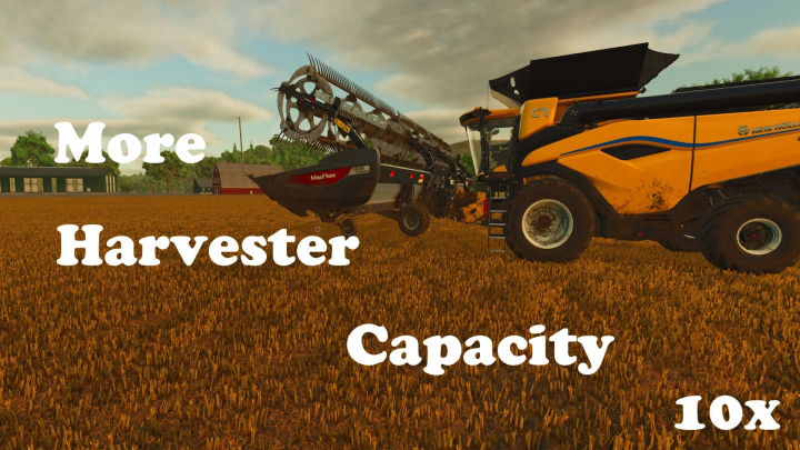 fs25-mods,  FS25 mod More Harvester Capacity MHC v1.0.0.1 showing a yellow harvester in a wheat field.