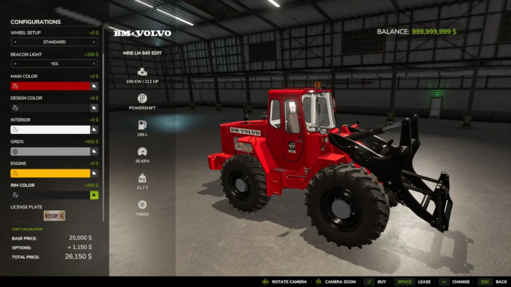 fs25-mods, FS25 MrB Volvo Pack Edit v1.0.0.0 showcasing BM Volvo loader in a garage with configuration options displayed.