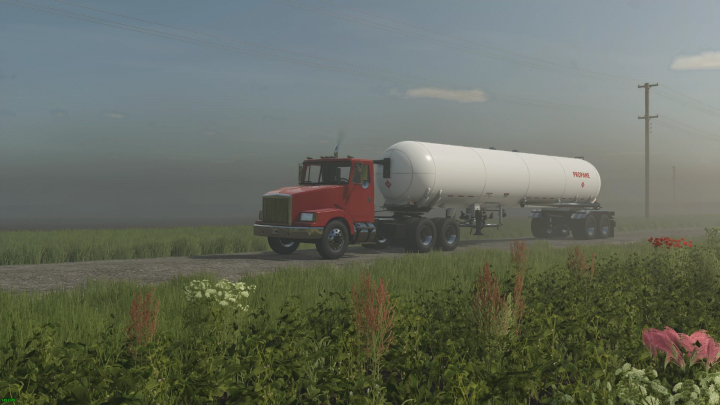 fs25-mods, Red truck with NV25 Tanker Trailer mod in FS25, driving on rural road.