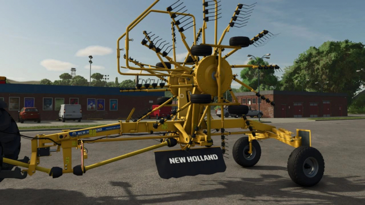 fs25-mods,  New Holland Prorotor C 820 mod in Farming Simulator 25, showcasing yellow agricultural equipment in a parking lot.