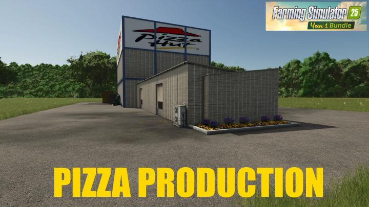 fs25-mods,  Pizza production facility in FS25 mod for Farming Simulator 25 with a large logo on the building.