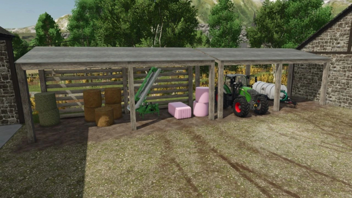 fs25-mods,  FS25 mod showing a pack of two wooden buildings with stored hay bales, equipment, and a tractor.