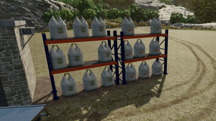 fs25-mods,  Pallet rack in FS25 mod with sacks, Farming Simulator 25 mods.