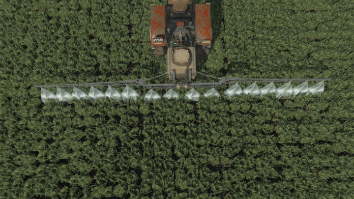 fs25-mods, FS25 mod Pilmet P-031 Termit 303 spraying crops from above view, enhancing Farming Simulator 25 gameplay.