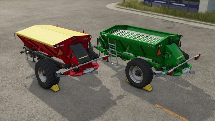 fs25-mods,  FS25 mod image showing red and green Pomot UPR 4 trailers for Farming Simulator 25.