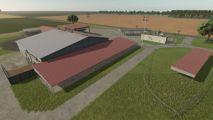 fs25-mods,  Aerial view of farm buildings in Prairie Farm Michigan mod for Farming Simulator 25.