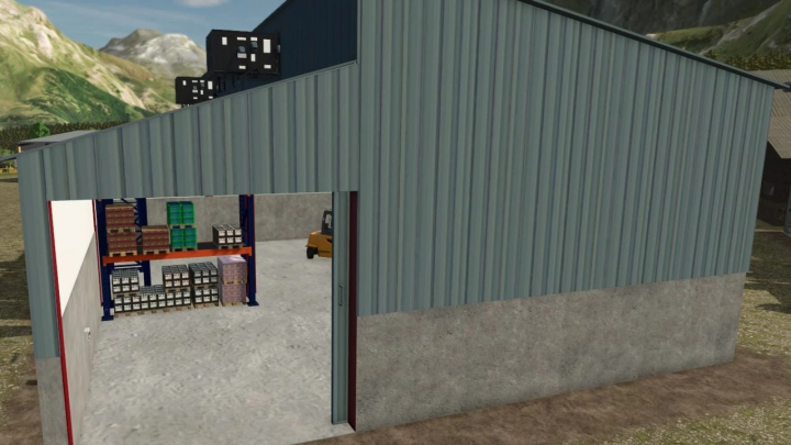 fs25-mods,  FS25 mod refrigerated building with shelves and forklift inside view.