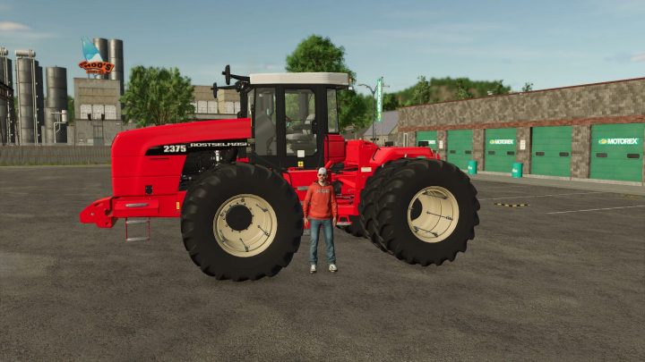 fs25-mods, Rostselmash RSM 2375 tractor in FS25 mod, red with large wheels, parked with a person nearby. Farming Simulator 25 mods showcase.