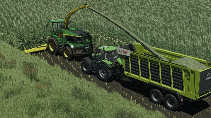 fs25-mods,  Tractors working in a cornfield using Shader By Swissi mod in FS25 for enhanced graphics.