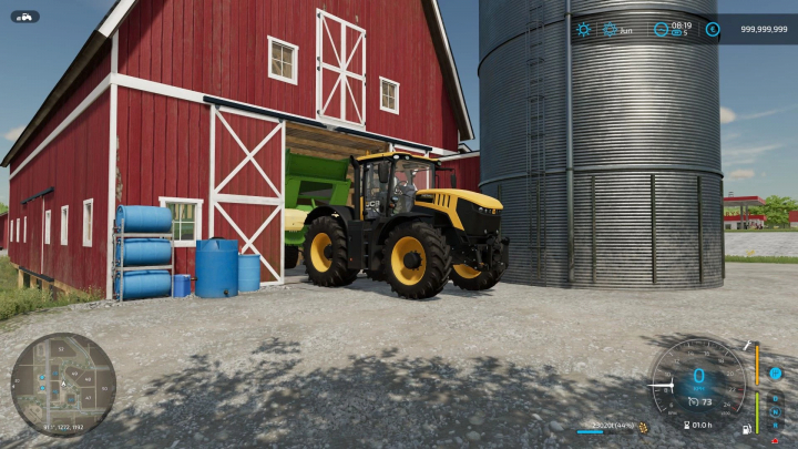 fs22-mods,  FS22 mod Shelter Matters v1.1.2.0 showing a tractor exiting a red barn with a silo in Farming Simulator 22.