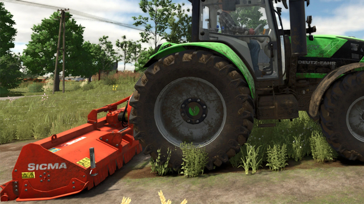 fs25-mods,  A Sicma TR 255 mod in Farming Simulator 25, attached to a tractor on a grassy field.