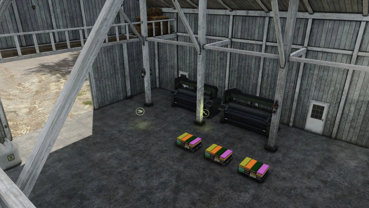 fs25-mods,  Interior of a warehouse with production machines and colorful pallets, part of FS25 mods Small Production No Shed v1.1.0.0.