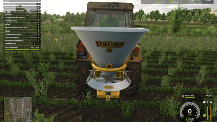 fs25-mods,  Strumyk 300 mod in FS25, showcasing a fertilizer spreader on a tractor in a field.