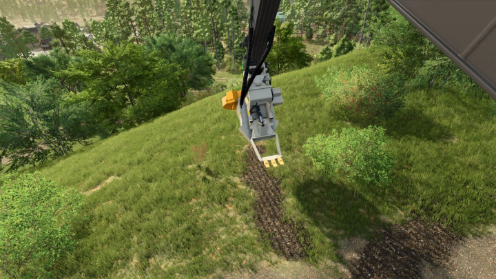 fs25-mods,  Stump Grinder Tree Planter mod in FS25 used on a hillside with forested background.