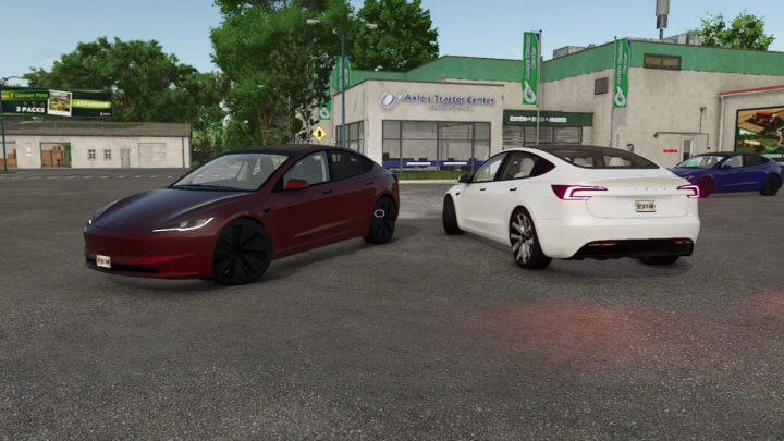 fs25-mods,  FS25 mods: Two Tesla Model 3 2025 cars in red and white parked outside Axle's Tractor Center in Farming Simulator 25.