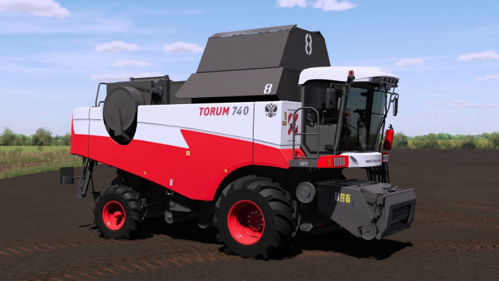 fs25-mods,  FS25 Torum 740 mod, red and white harvester on a field in Farming Simulator 25.