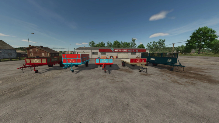 fs25-mods,  FS25 mods, Universal Trailer v1.0.0.0 showcase featuring five colorful trailers in a yard setting. Farming Simulator 25 mods.