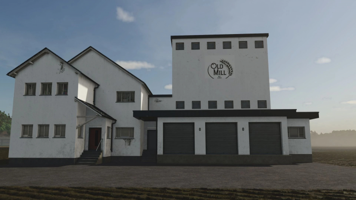 fs25-mods,  Image of an old mill building featured in the Universal mill v1.0.0.0 mod for Farming Simulator 25. The building has multiple doors and windows.