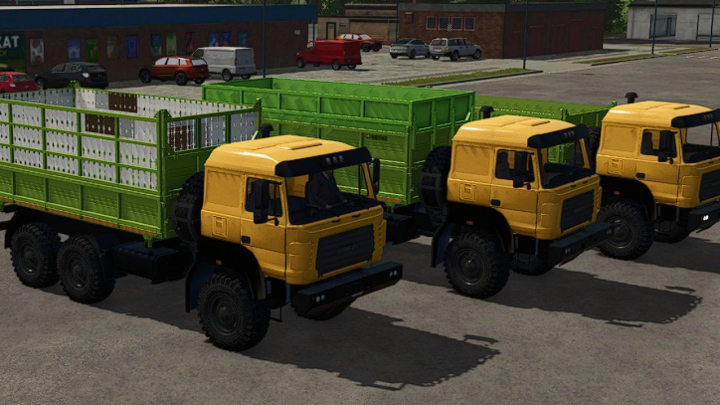 fs25-mods,  Three Ural 6370K Selkhoznik trucks in Farming Simulator 25 mod, featuring yellow cabs and green cargo beds.