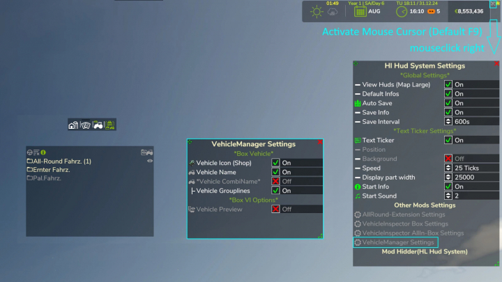 fs25-mods, FS25 Vehicle Manager v1.0.0.0 mod settings screenshot, showing various configuration options for in-game vehicle management.