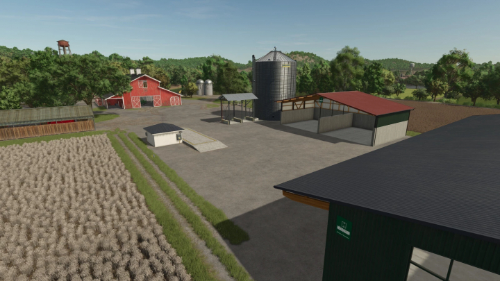 fs25-mods, Overview of the Weighing House mod for FS25 featuring a barn, silo, and fields in Farming Simulator 25.