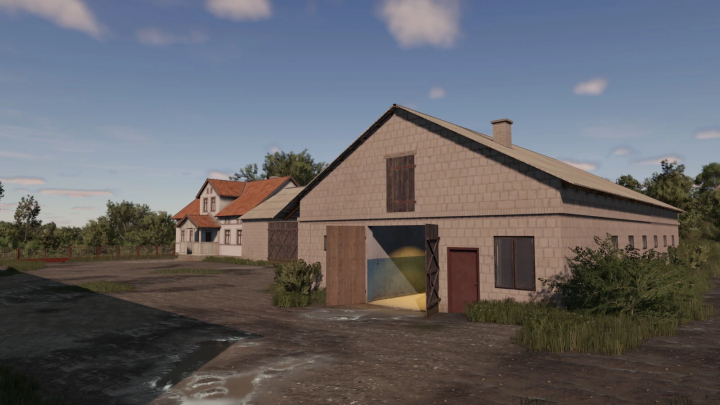 fs25-mods,  Wyszkowian Cowbarn V1.0.0.0 mod for FS25, featuring a rustic cow barn with open doors and adjacent residential house.