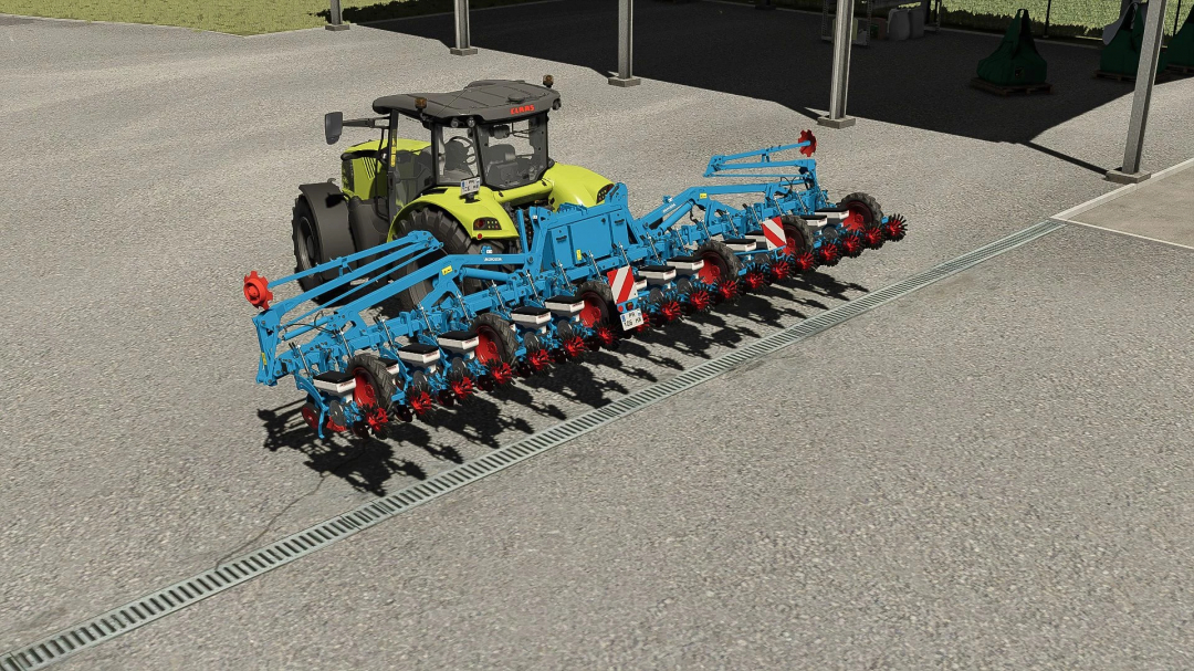 FS25 mod 18-row Monosem seeder attached to tractor, Farming Simulator 25.