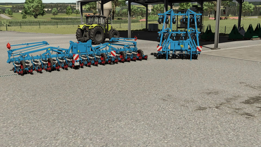 18-row Monosem seeder in FS25 mod, parked on a concrete surface near a tractor.