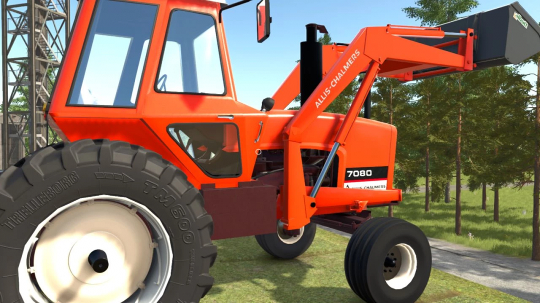 Allis Chalmers 7000 Series tractor mod in Farming Simulator 25 with front loader attachment.