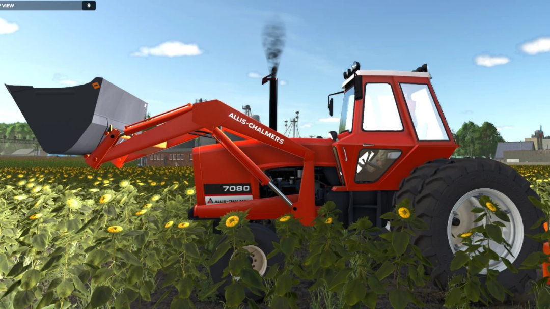 Allis Chalmer 7000 Series tractor mod in Farming Simulator 25, depicted in a sunflower field.