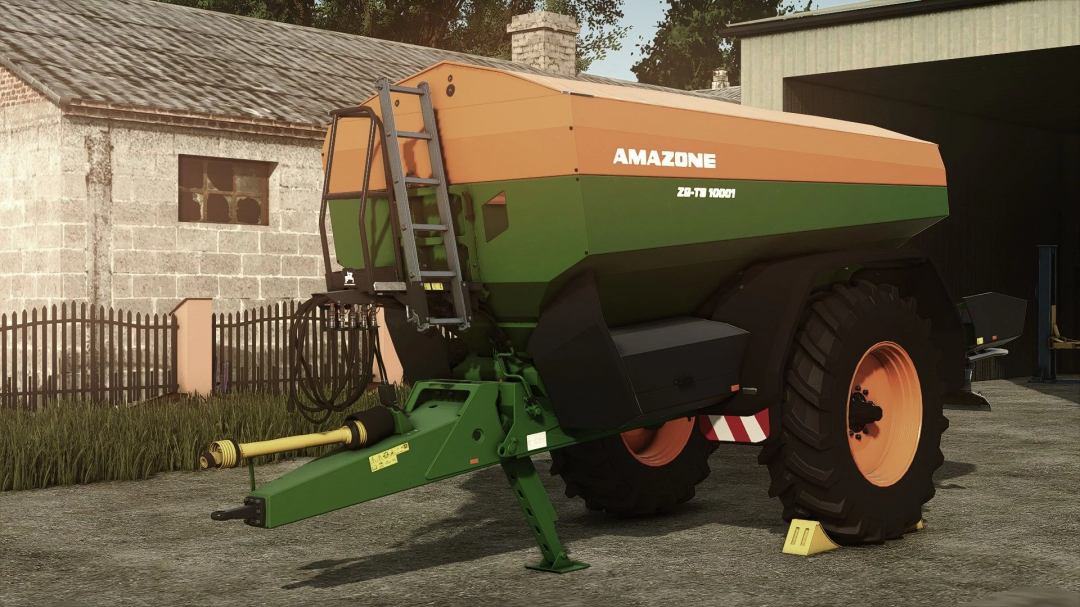 FS25 mod Amazone ZGTS 10001 v1.0.0.0, a farm trailer, parked beside a shed in Farming Simulator 25.