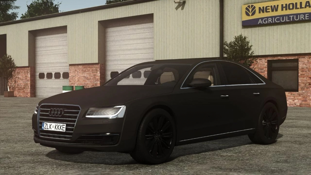 Audi A8 mod in Farming Simulator 25, parked outside a garage with New Holland signage.