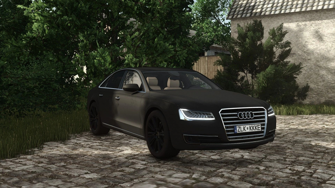 Audi A8 mod in FS25 game parked on cobblestone path