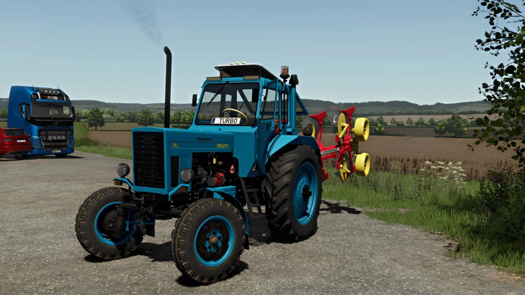 Belarus 80.1 Turbo tractor mod in FS25, parked near fields with farming equipment.